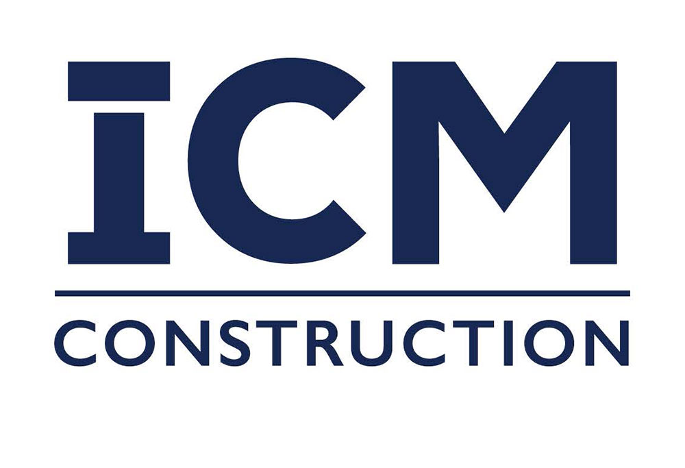 ICM Construction logo - blue, ICM with line under it and Construction in all caps, smaller below