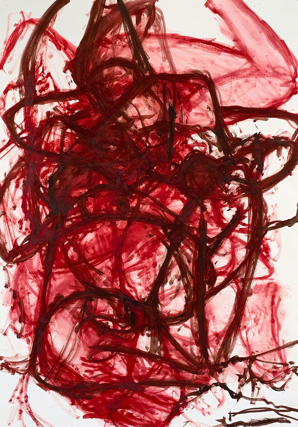 A figurative drawing composed of several red lines. 