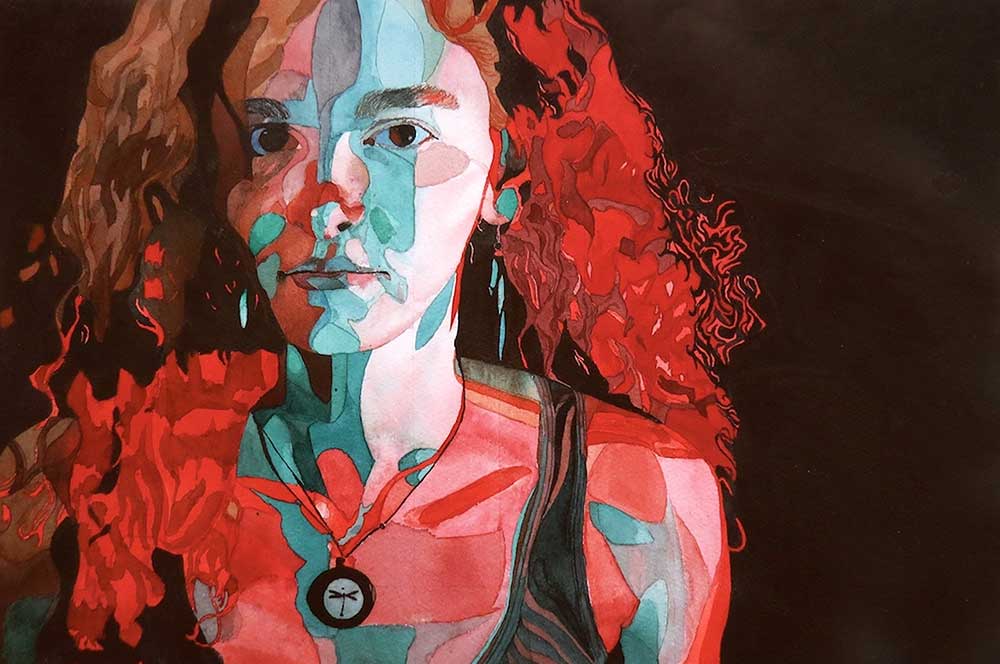 watercolor self-portrait of Mississippi State University art student Julia Thompson
