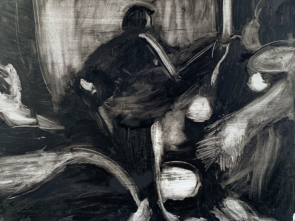Black and white figurative drawing composed of oil paint. 