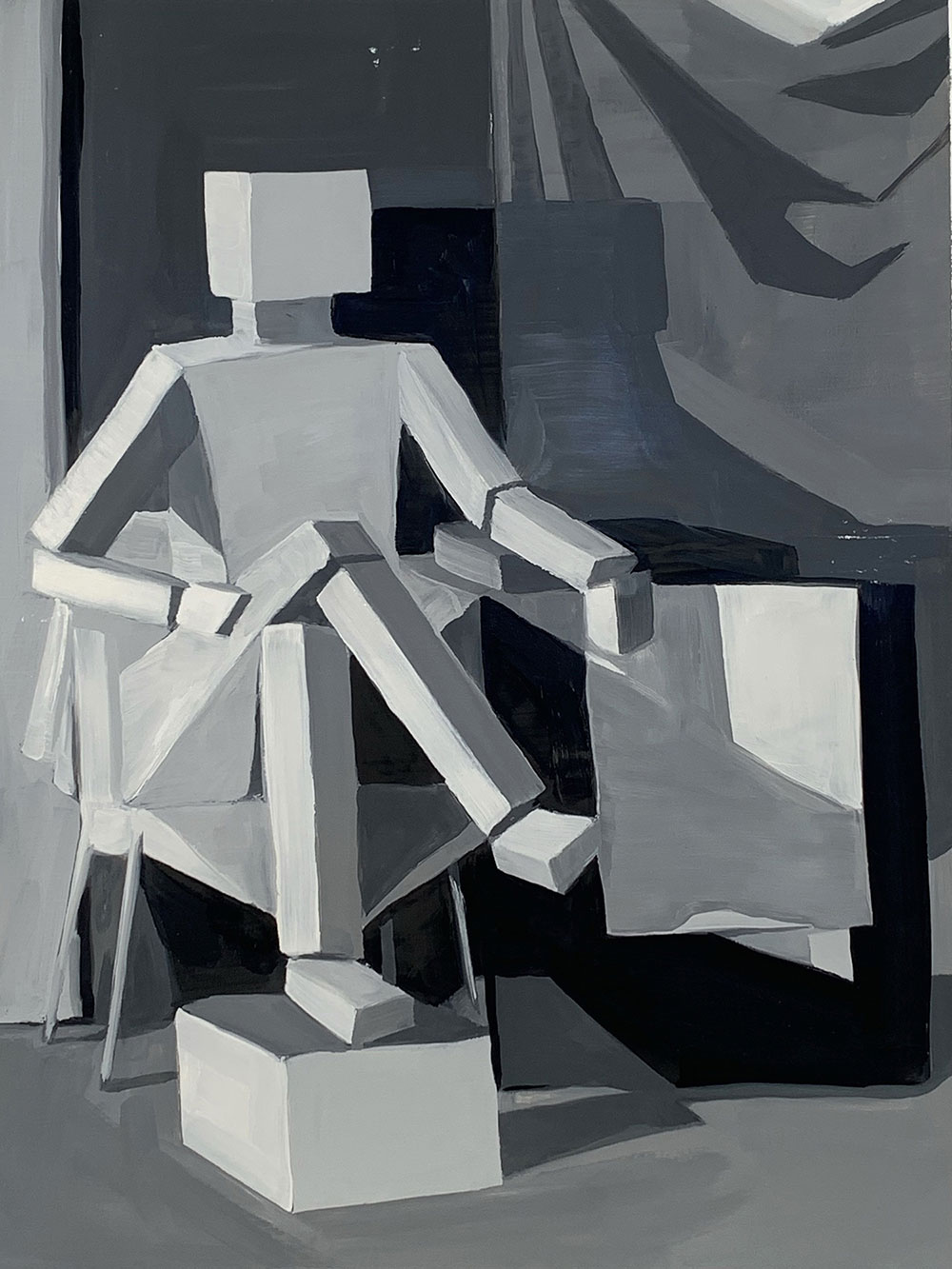 Black and white two dimensional square shaped figurative drawing sitting at an angle. 
