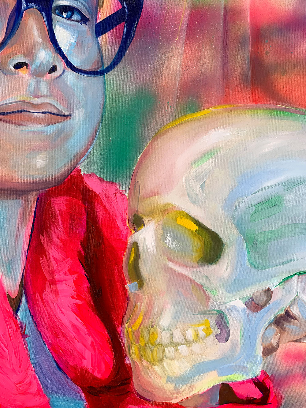 Colorful self portrait figurative painting - girl with white skin, blonde hair, and blue glasses, holding a human skull