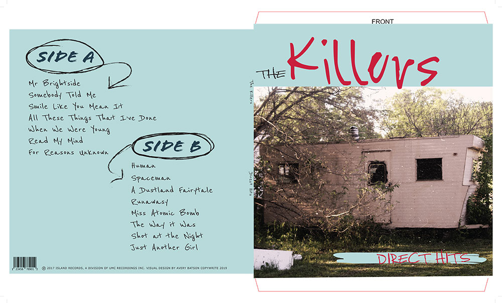 Album cover redesign of "The Killers" the background is light blue and the writing is in black with hints of red writing. 