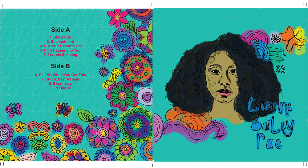Album cover has new background of teal/turquoise with the illustrated cover of a woman on the front surrounded by colorful flowers. 