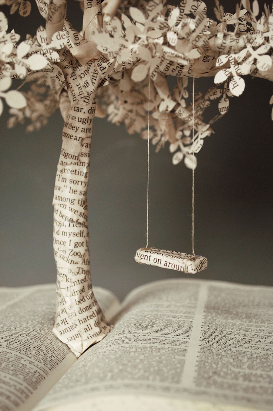 closeup of Hanna Bewley's artwork from above - book with swing made out of pages froma book