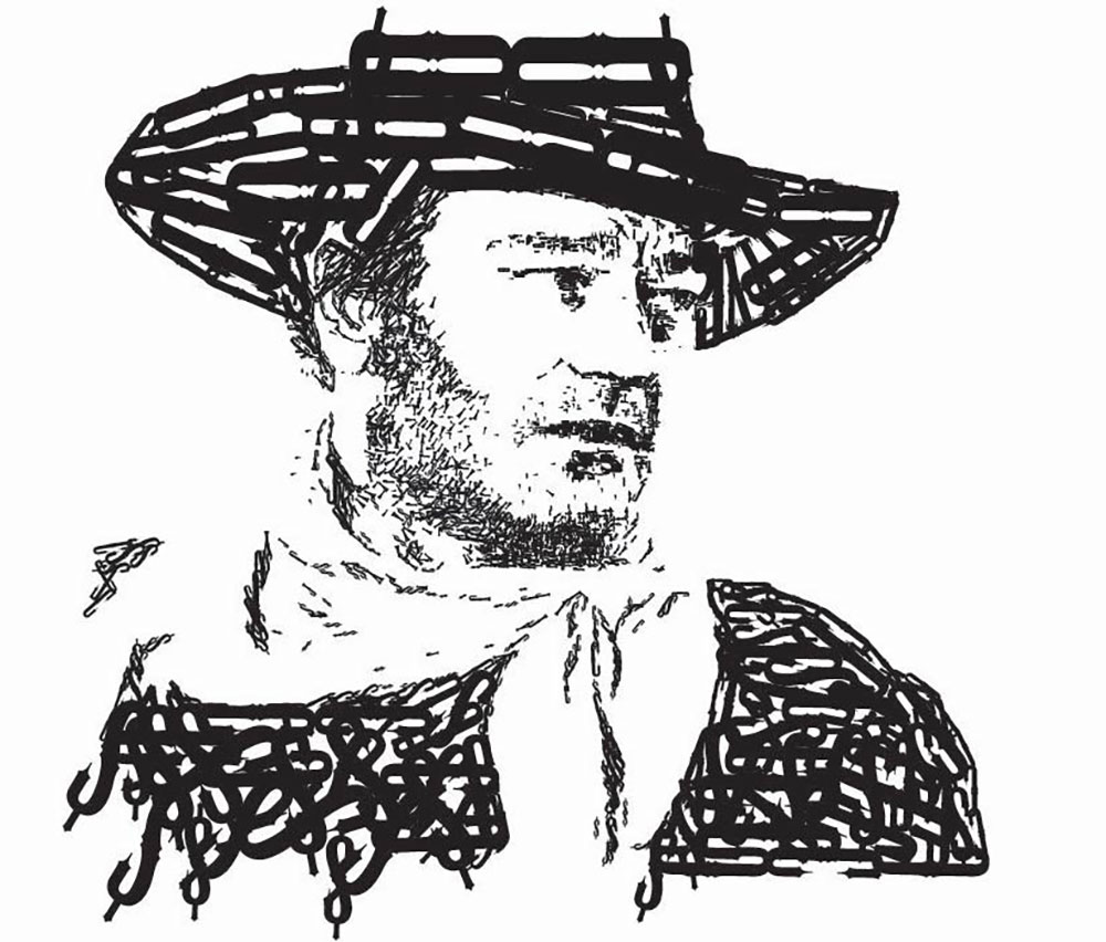 Several letters and symbols come together to create an image of John Wayne.
