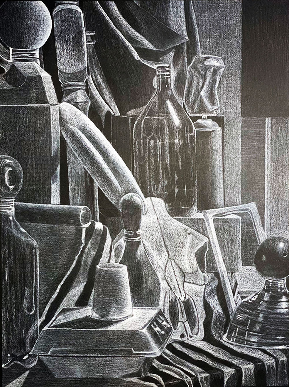 White charcoal drawing of a still life includes: bowling pins, cups, bottles, a can, and a skull.