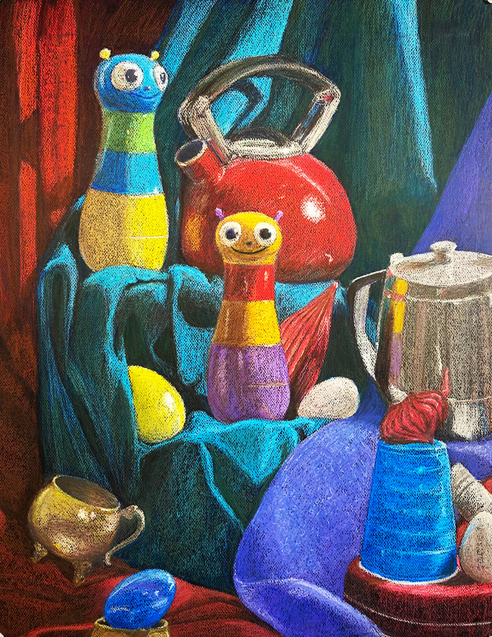 Colorful pastel still life drawing of: colorful toys with faces, a blue plastic cup, a red tea kettle, and a pear.