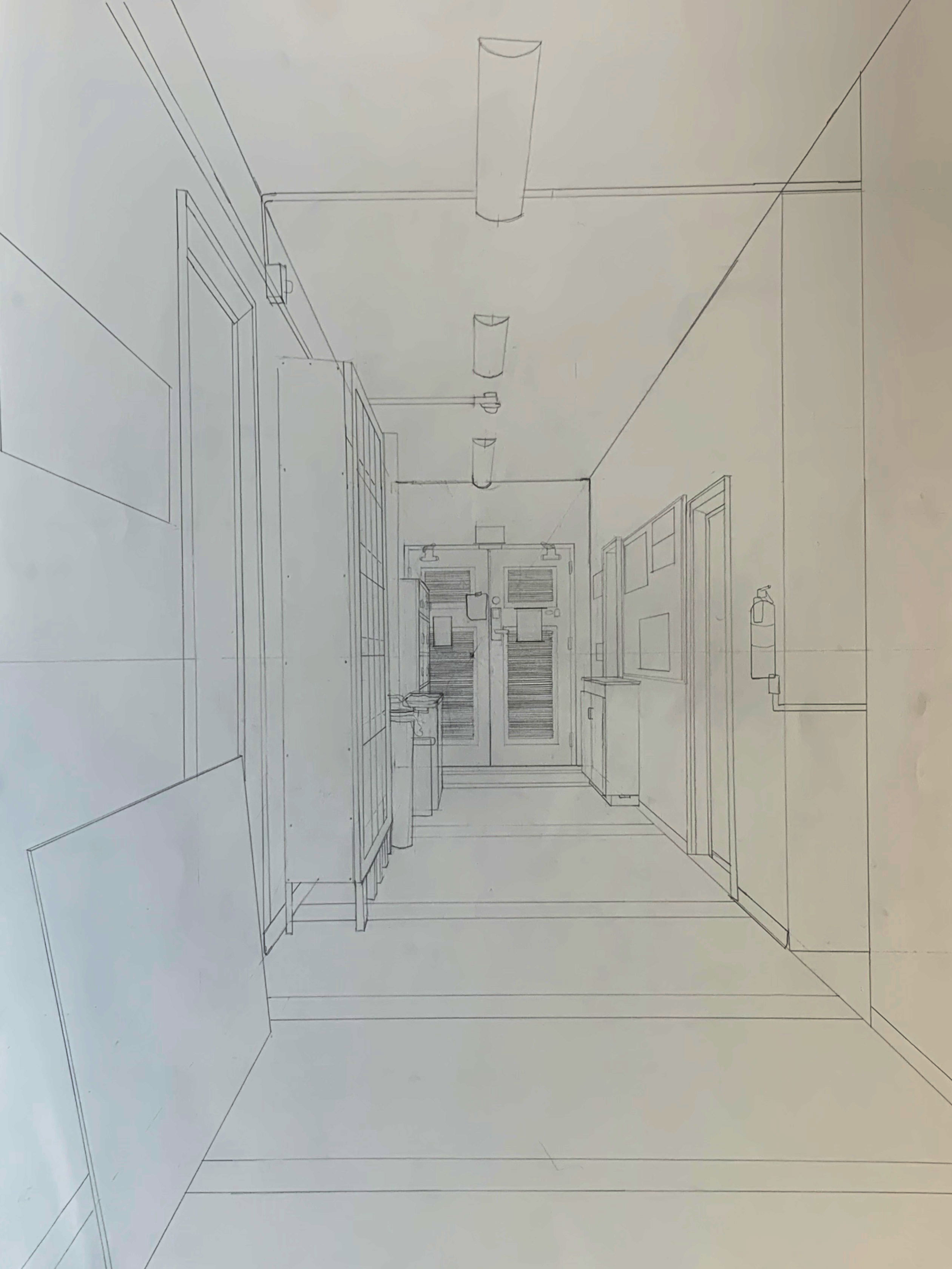 A linear perspective drawing of the second floor of Briscoe Hall.