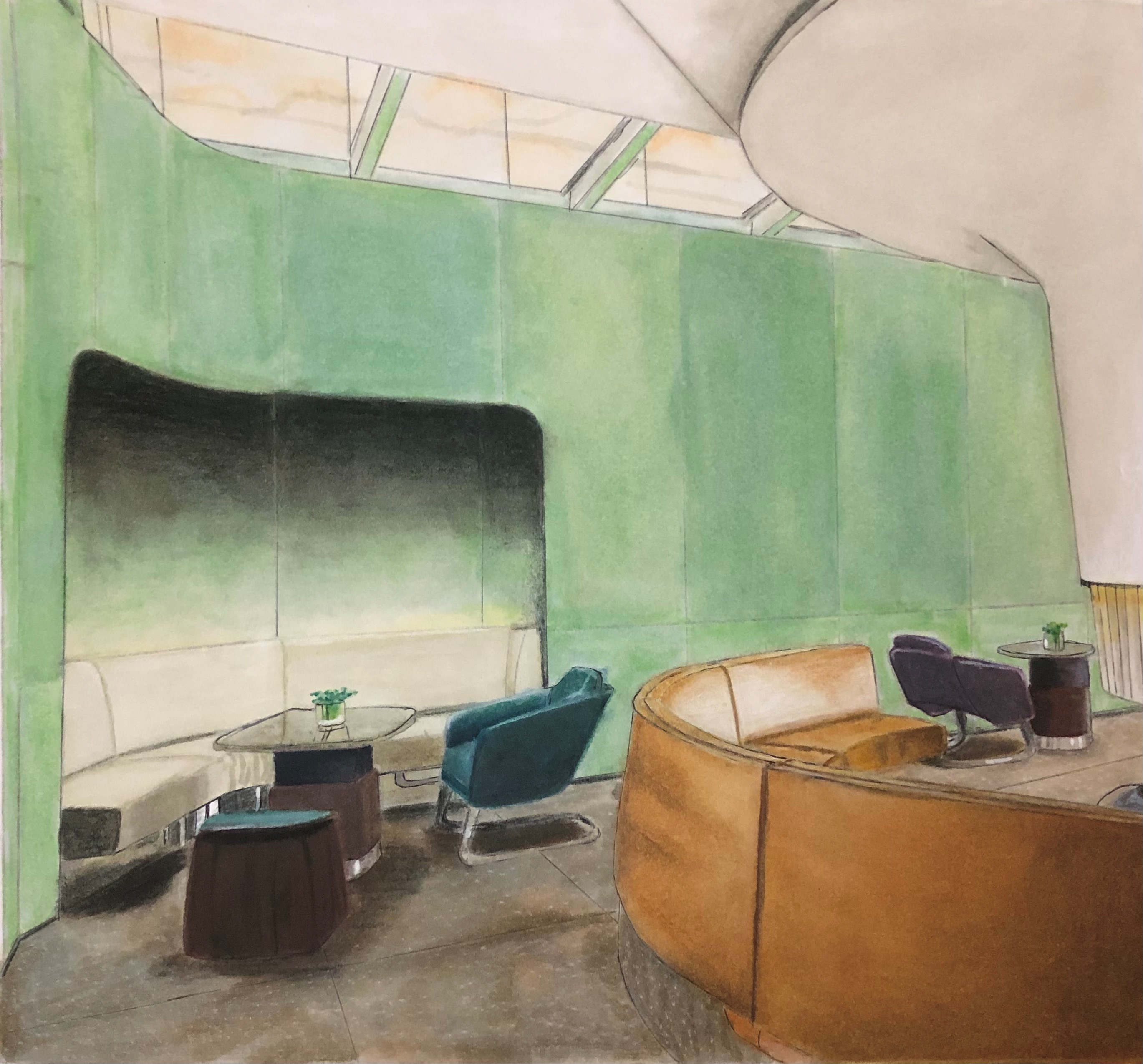 Hand rendering of a waiting area with curved sofa.