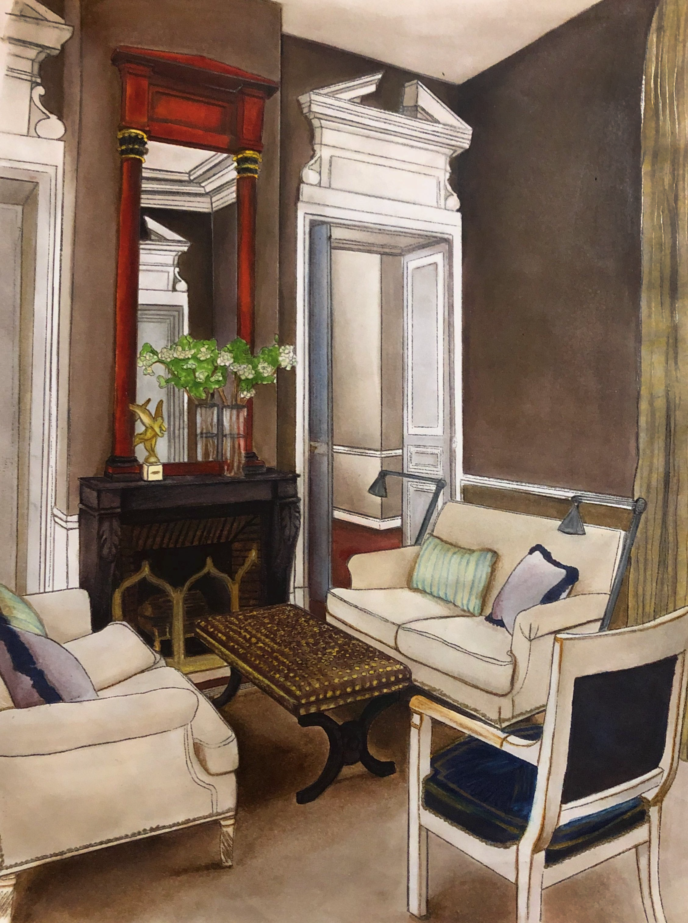 Hand rendering of a traditional living room with two sofas, an arm chair, and coffee table.