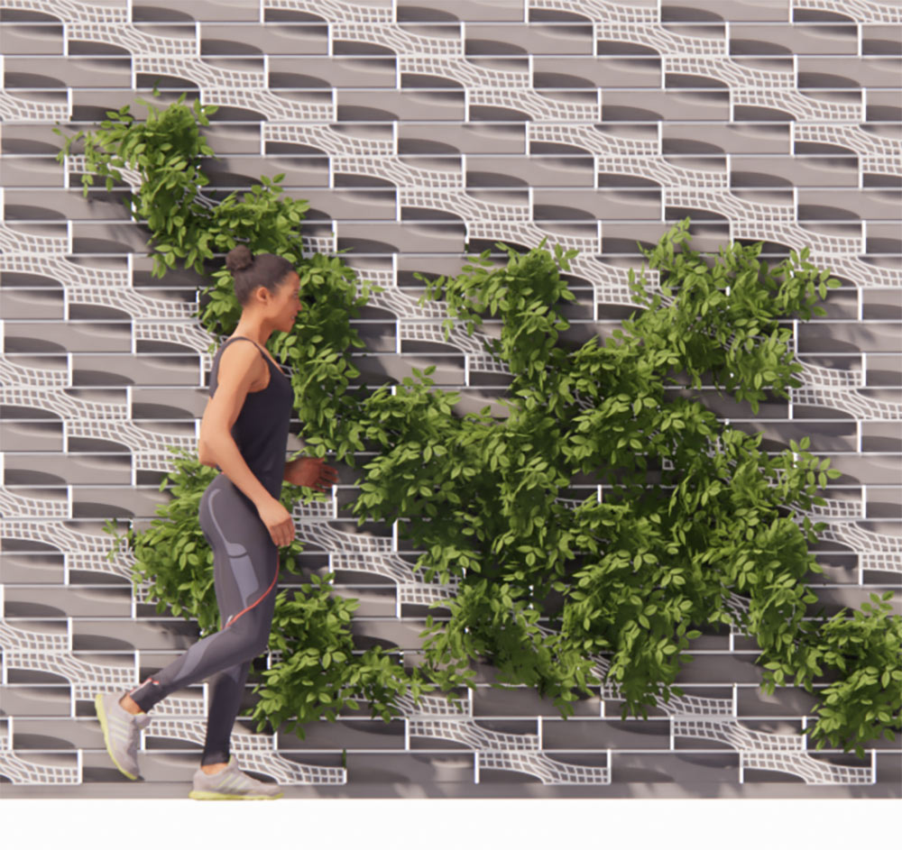 computer rendering of concrete masonry unit wall with person in front and greenery on wall