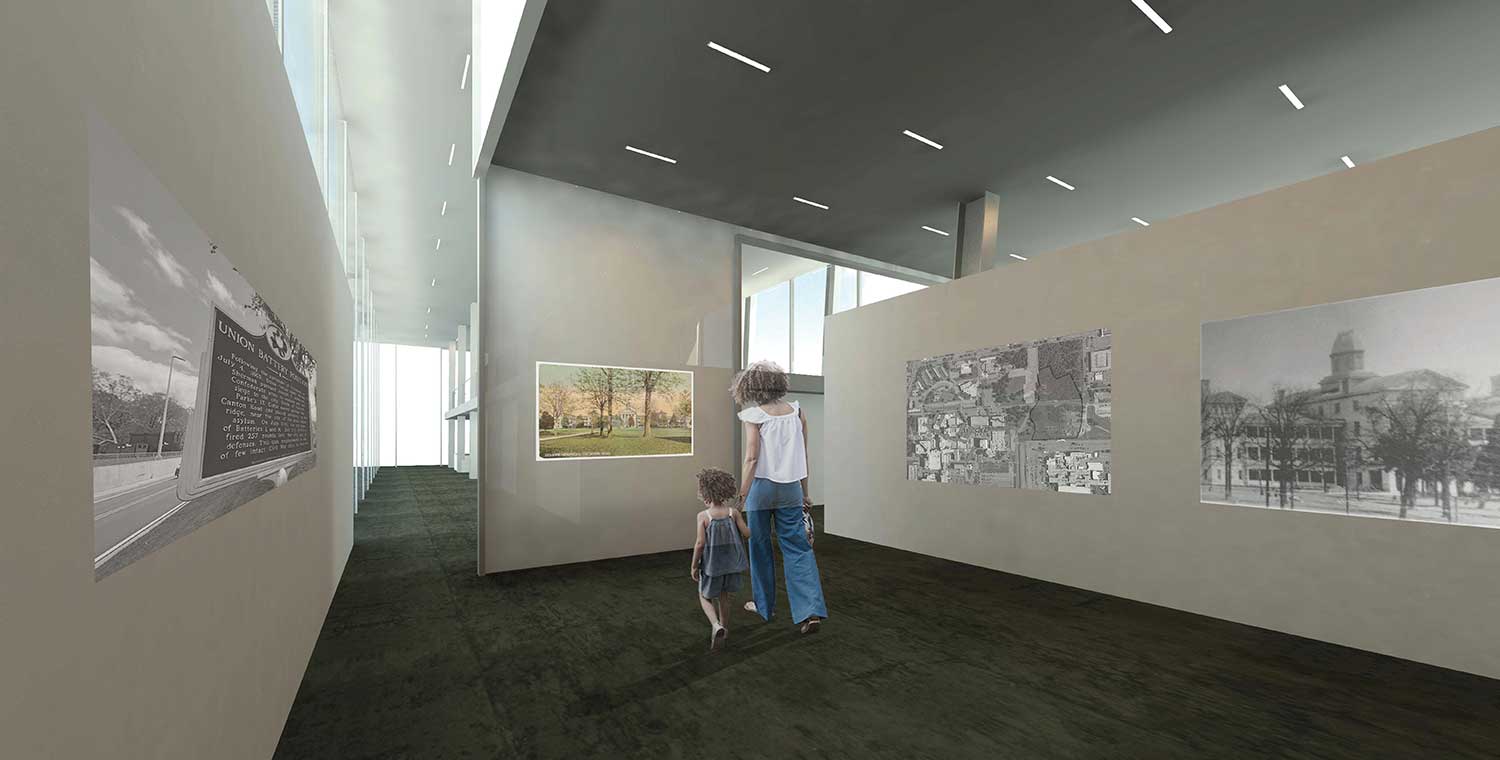 computer rendering - shows what looks like a gallery space with photos on the wall. A woman is seen in the middle facing away holding a small girl&#039;s hand