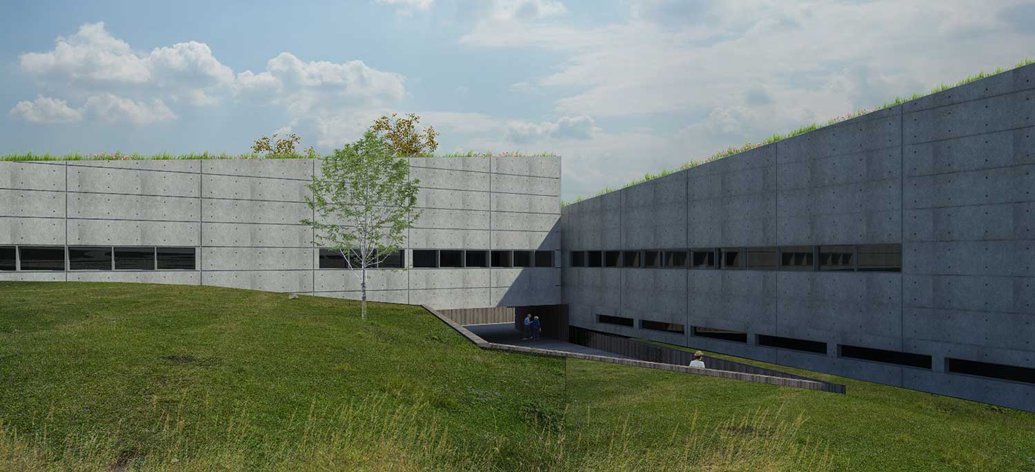 computer color rendering of concrete building, shadow at right, grass shown