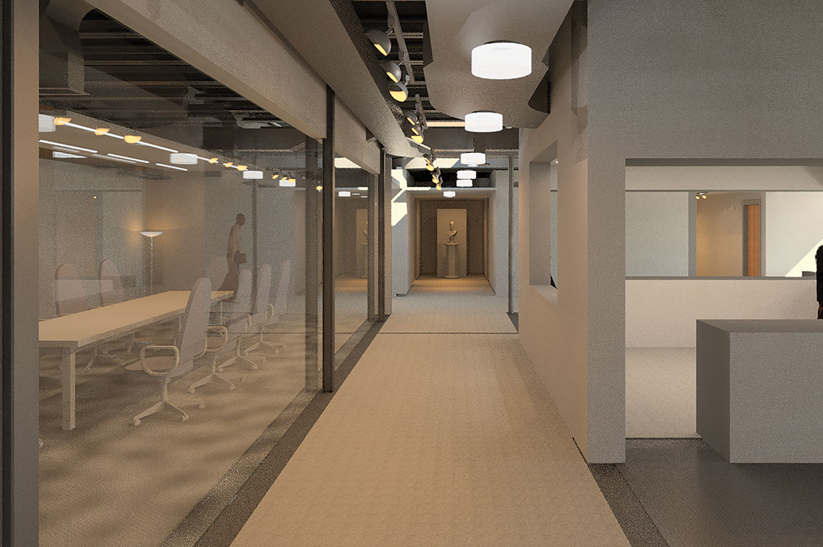 interior rendering - looks like an office building hallway with glass conference room on left, cubicles on right and statue at end of hall