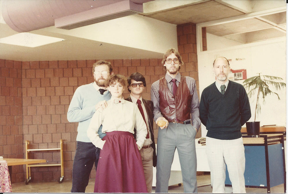 Dr. Fazio, right, stands with 4 students who were the first graduating class in Small Town Design, 1982.