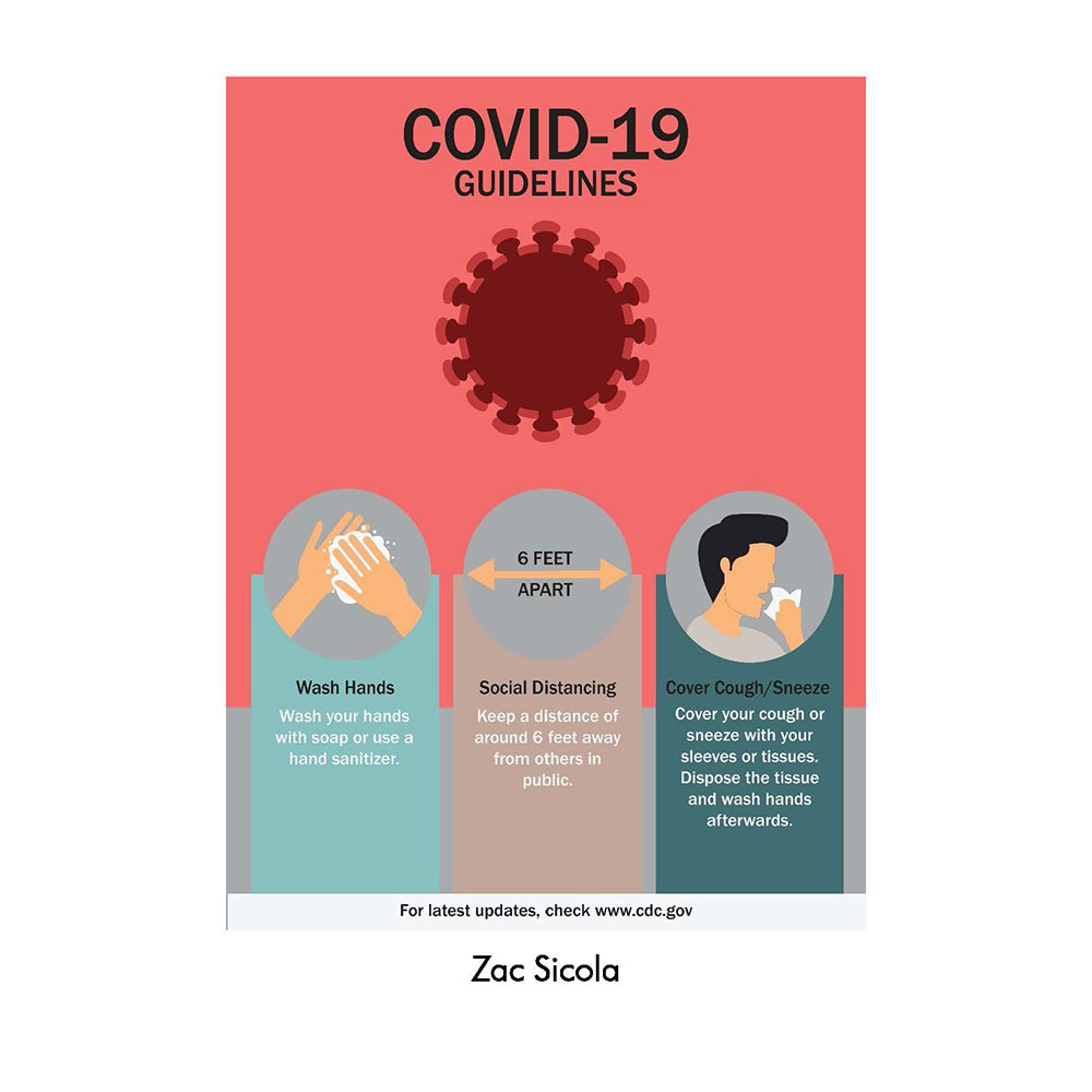 redish background poster. says &quot;COVID-19 guidelines&quot; at top with COVID-19 virus circle underneath and 3 boxes (left: wash your hands with soap or use hand sanitizer. middle: social distancing: keep a distance of 6 ft. away from others in public. right: Cover cough/sneeze - cover your cough or sneeze with your sleeves or tissues.  Dispose the tissues and wash hands after.