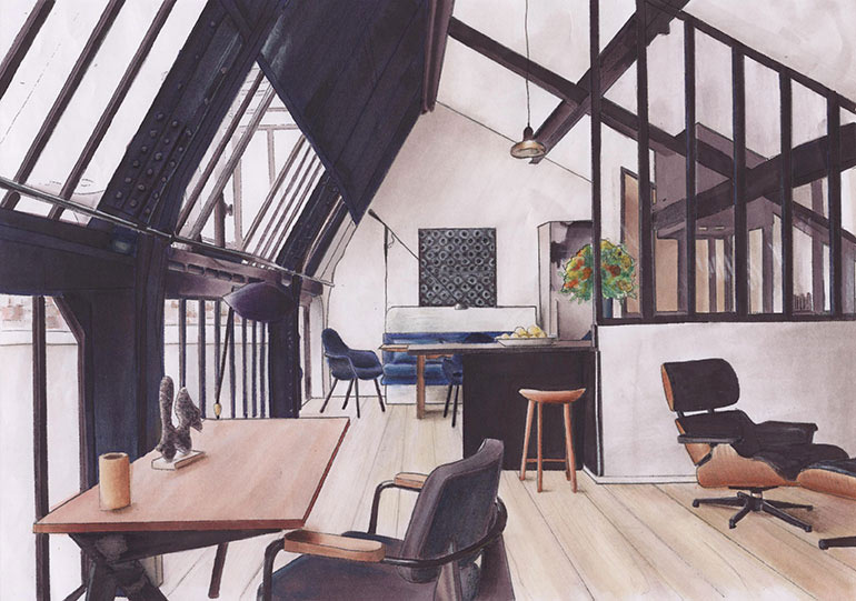 hand rendering of inside of house - white walls, black ceiling boards