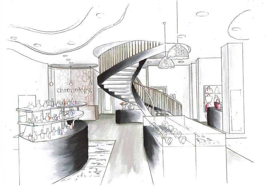 hand rendering drawing of shop interior (purses, etc.) with staircase