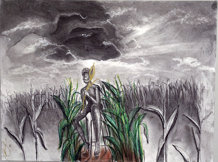 Black and white drawing of a nude figure holding a yellow corn stalk sitting on a stool in a corn field.