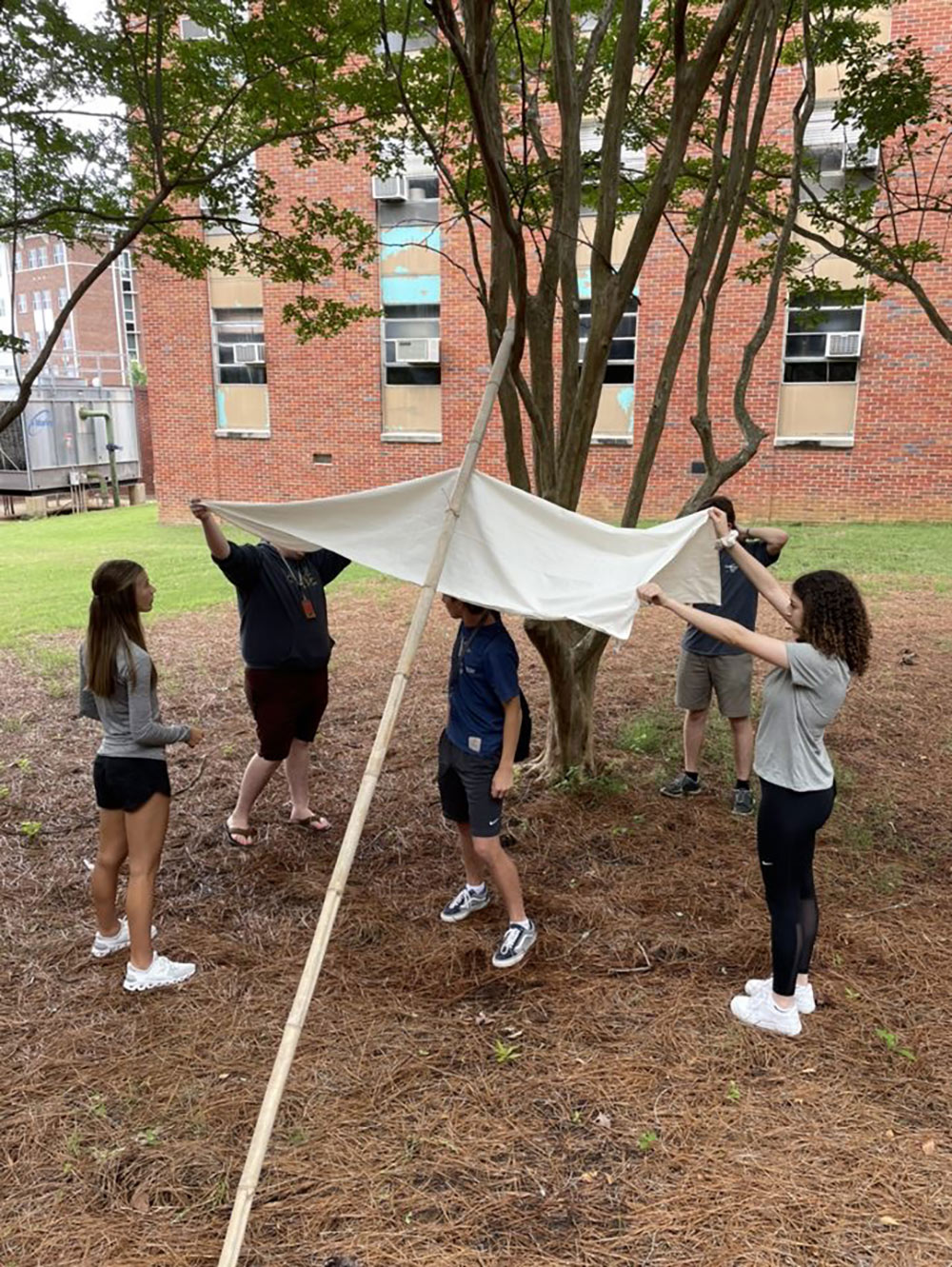 group holding fabric, constructing their instant environment outside