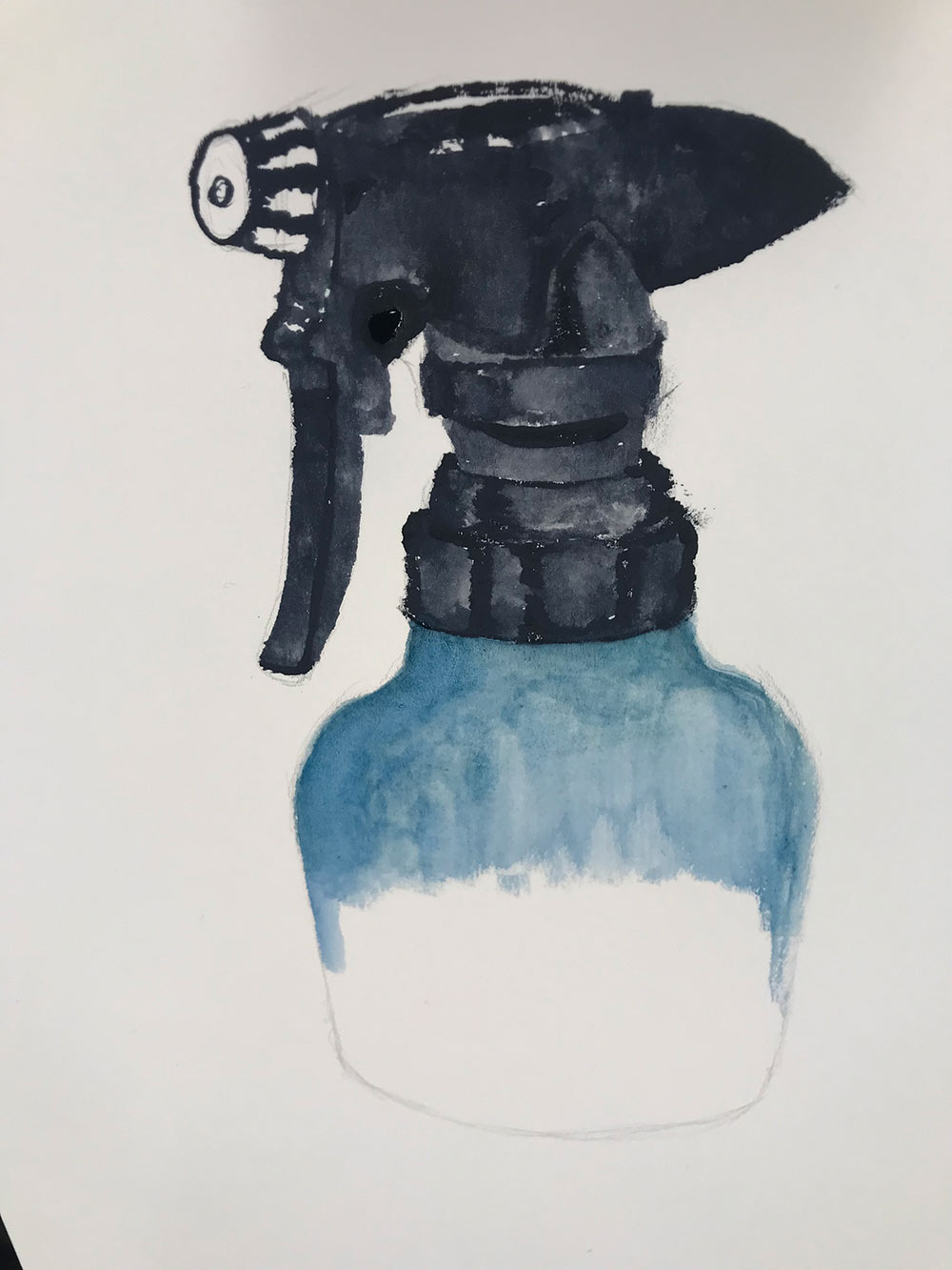 closeup of spray bottle - painted in water color - bottom is unfinished