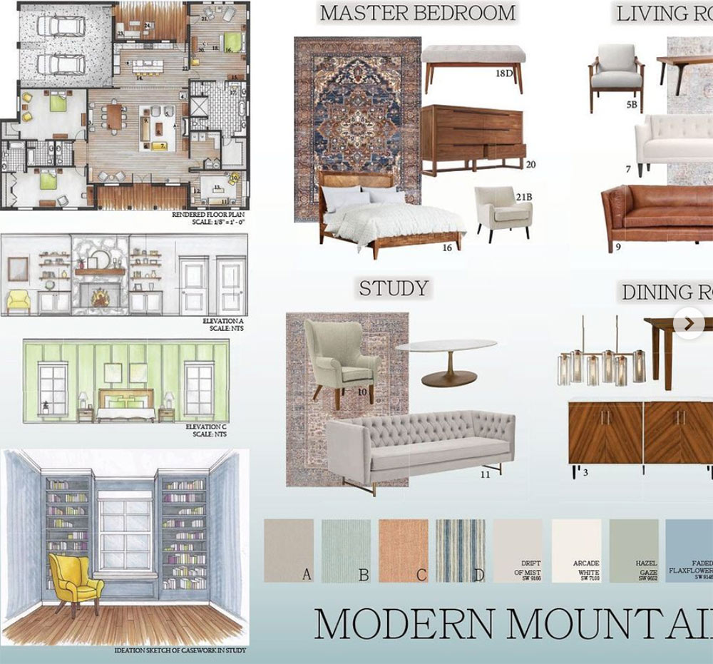portion of an interior design project board - shows &quot;modern mountain&quot; layout, master bedroom, study, dining room, living room