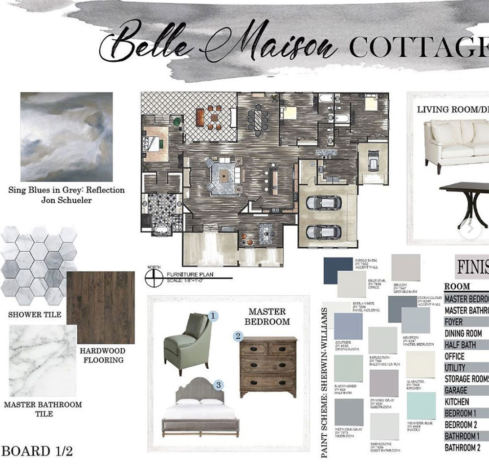portion of an interior design project board - shows Belle Maison cottage layout, colors, master bedroom