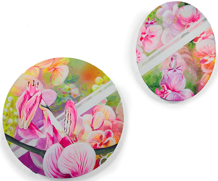 Two ovals painted in bright colors with flowers and insects.