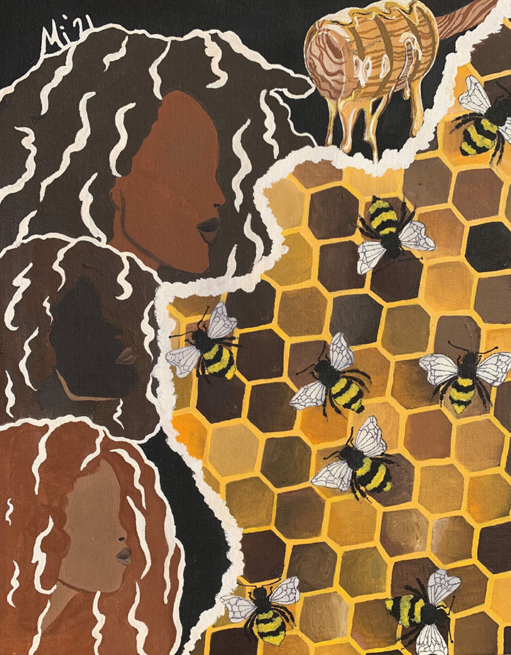 Painting of three figures facing honeybees on brown and golden honeycomb.