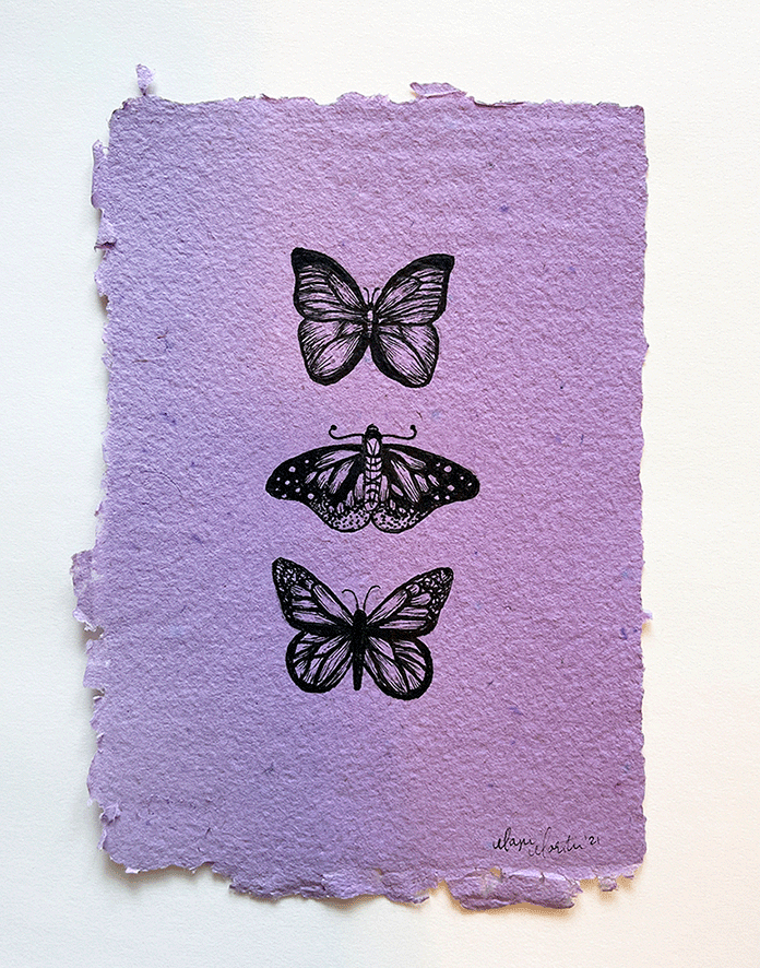 Black ink drawing of three butterflies on purple paper.