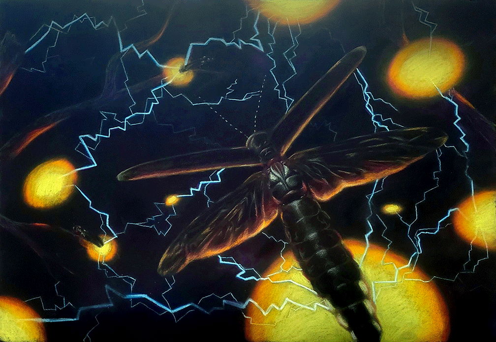 Color pencil drawing on black background. Lightning bugs and lightning.