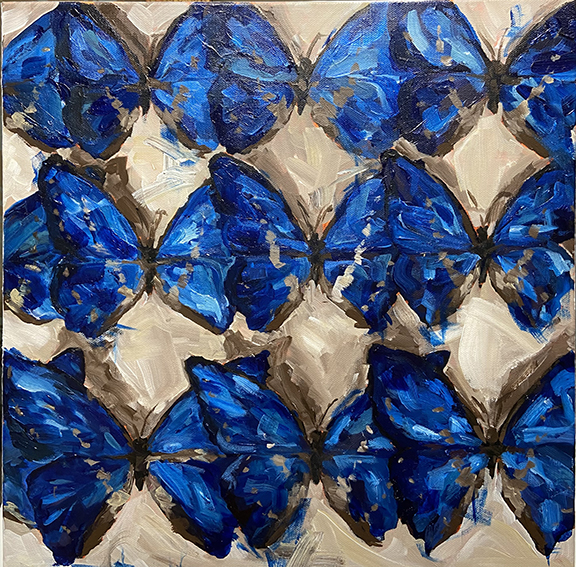 Rows of blue butterflies painted on a square canvas.
