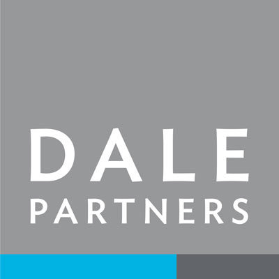 logo of Dale Partners - white letters on gray background with light blue small rectangle at bottom