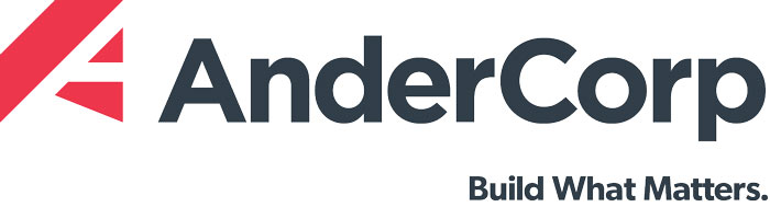 logo: red symbol on left, &quot;AnderCorp&quot; in black &quot;build what matters&quot; below