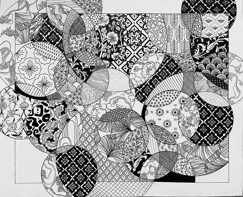 Black and white pen drawing of circles and shapes.