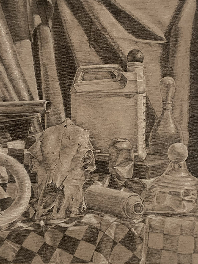 Black and white drawing of a still life arrangement of objects.
