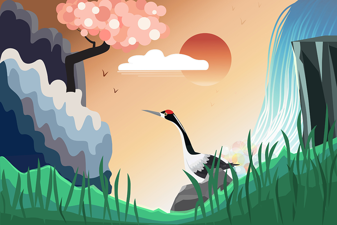 Digital illustration of a crane standing in green marshlands with a sunset in the background.