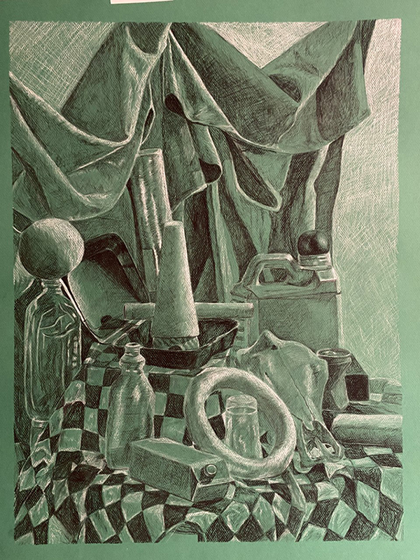 Drawing of a group of objects including fabric cloths and bottles.
