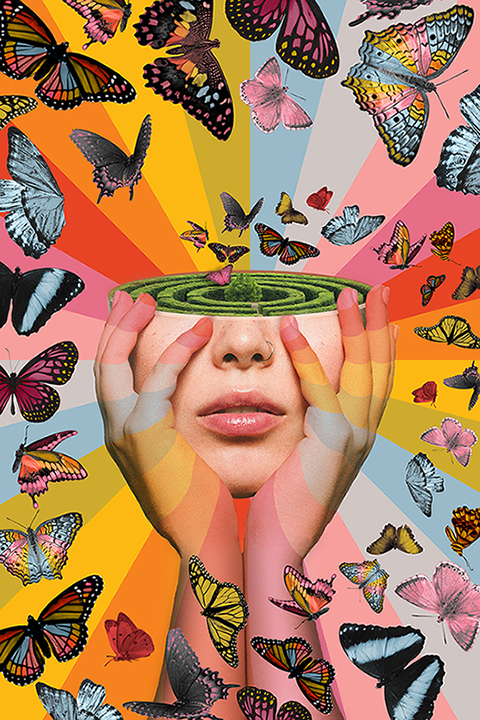 Colorful photomontage of butterflies around a face.