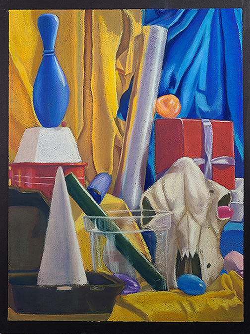 Colorful drawing of an arrangement of objects.