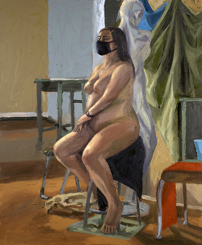 Painting of a nude female wearing a dark face mask seated on a stool in a classroom.