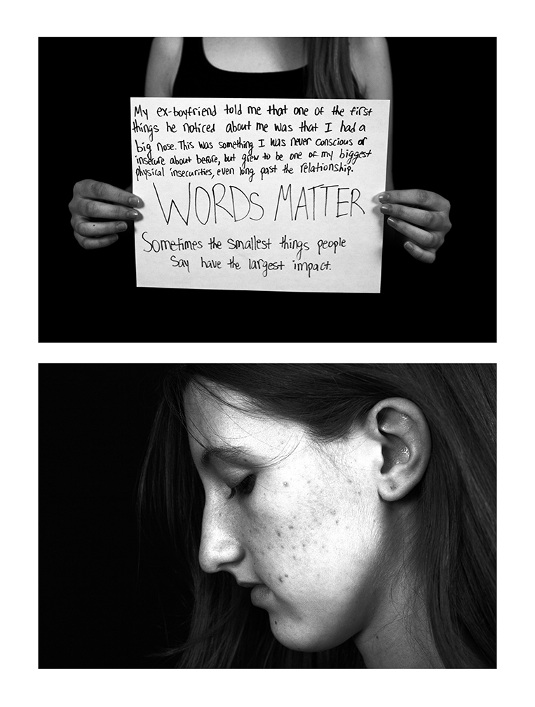 Black and white photograph of a young woman and a handwritten sign that reads &quot;Words Matter.&quot;.