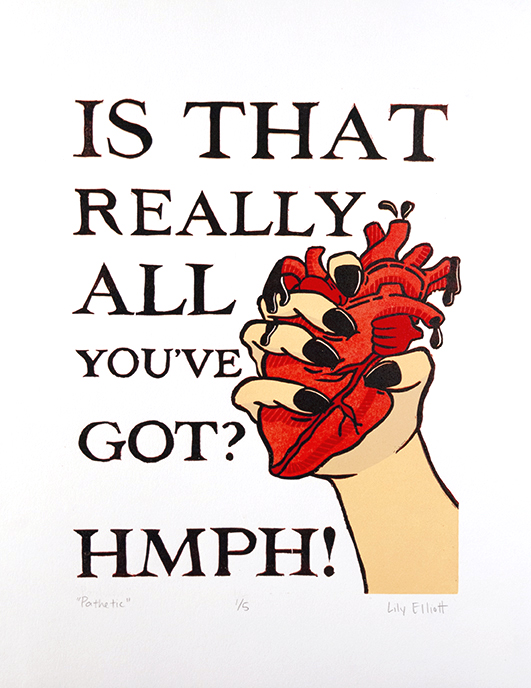 Illustration of hand squeezing a human heart with the words &quot;Is that really all you&#039;ve got? Hmph!&quot;