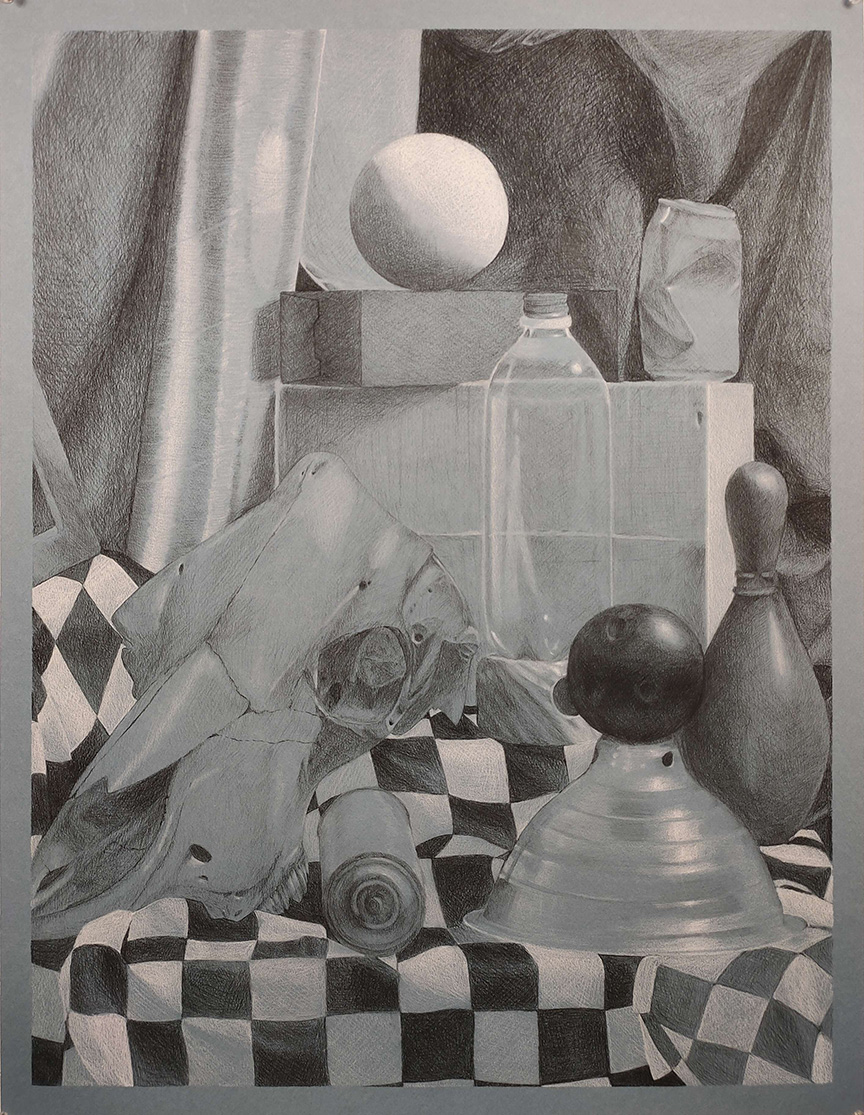 Black and white drawing of objects arranged on a black and white checkered cloth.