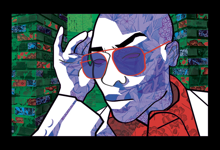 Digital drawing of a fashionable young man wearing sunglasses.