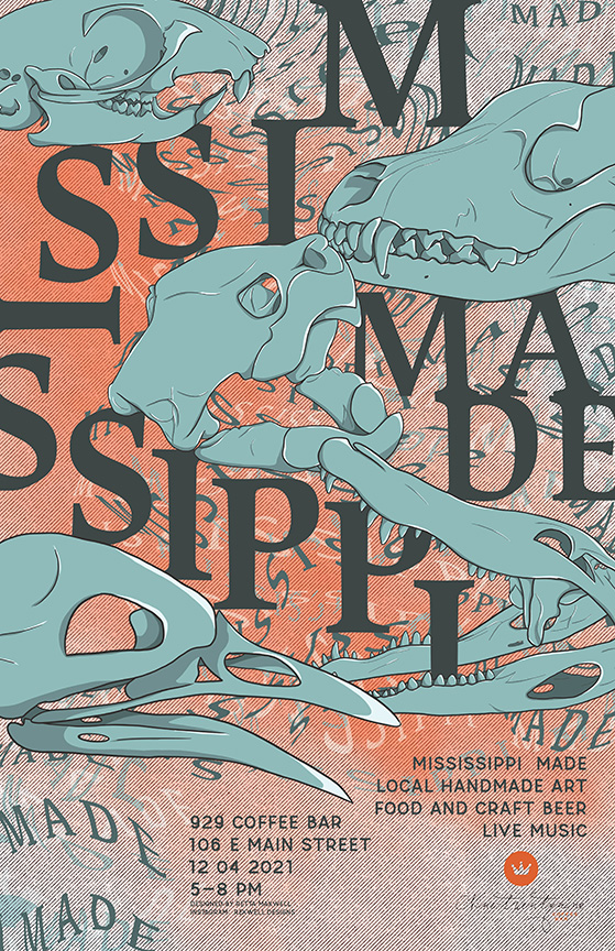 Blue and orange poster with text &quot;Mississippi Made&quot; and drawings of animal skulls.