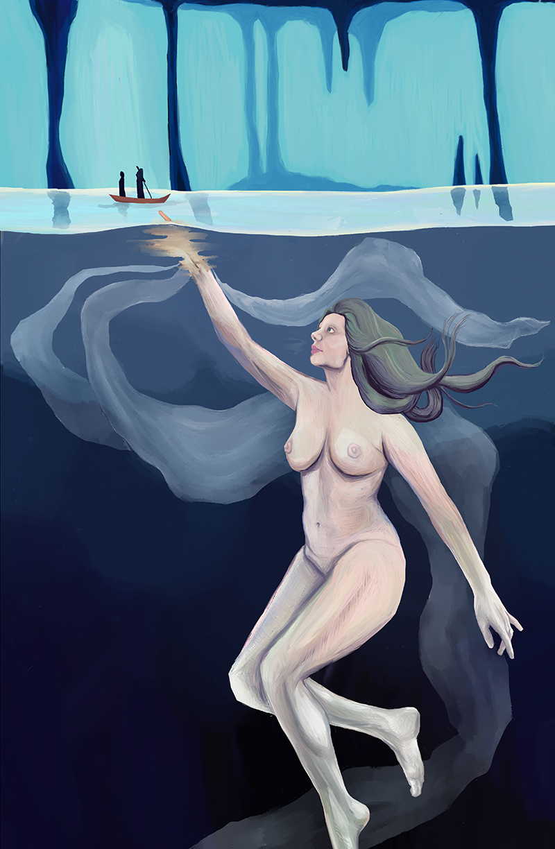 Digital illustration of a nude woman floating in dark blue water reaching up to a small boat.