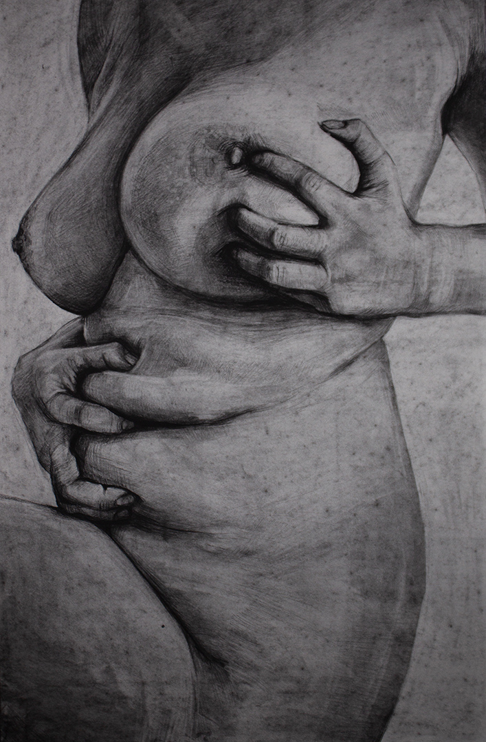 Black and white drawing of a nude female torso.