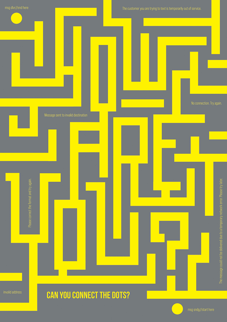 Poster design with a gray background and a bright yellow line maze design.